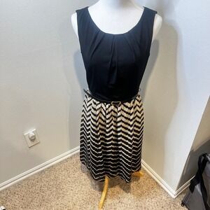 Sleeveless Chevron Dress Black Tan Pleated Career Party Cocktail